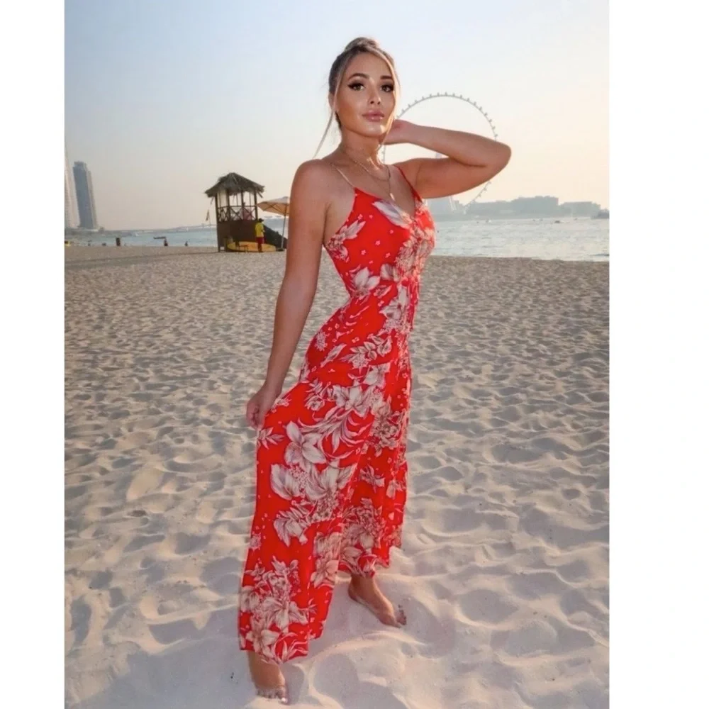Red Floral Print Sleeveless V-Neck Long Flowy Maxi Dress - Picture 6 of 7